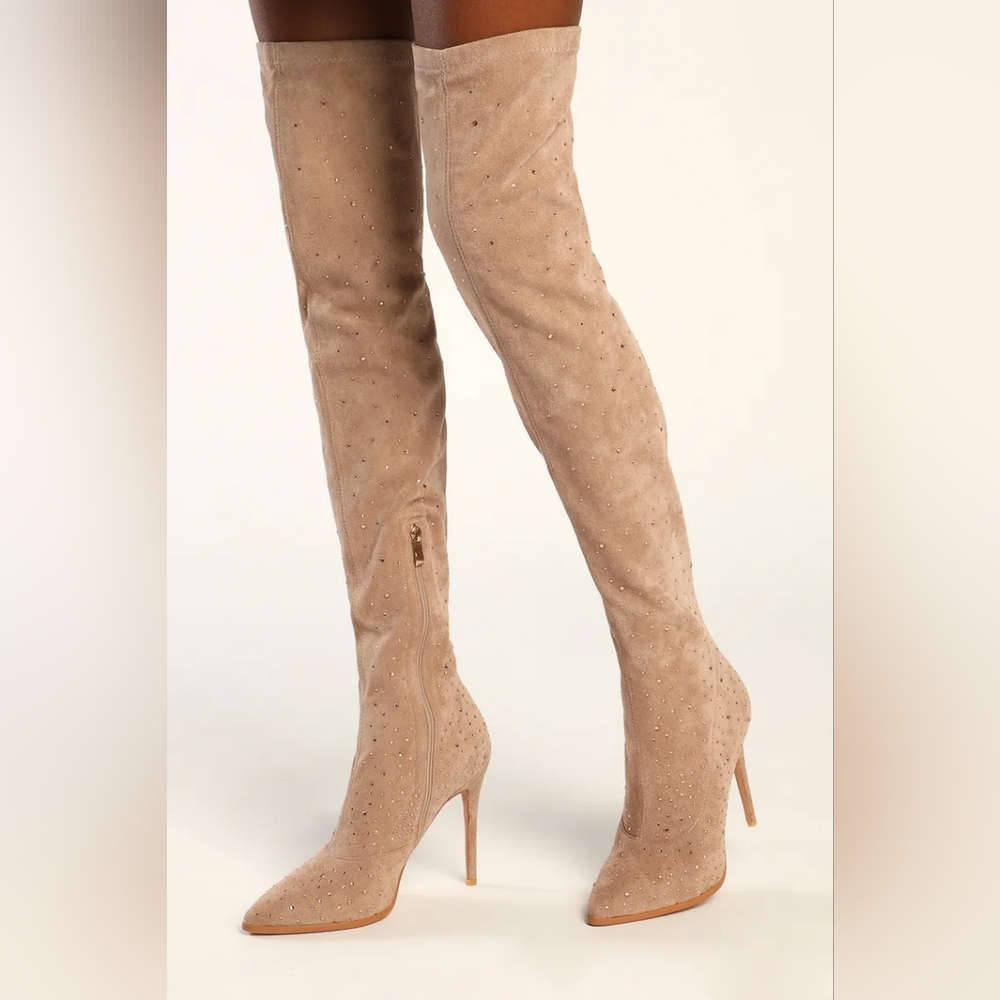 Glamur Light Nude Suede Rhinestone Over-the-Knee Stiletto Boots